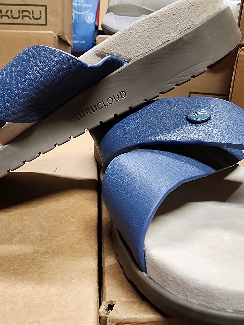 Kuru Breeze Blue Leather Crossover Slide Sandals Plantar Fasciitis Support